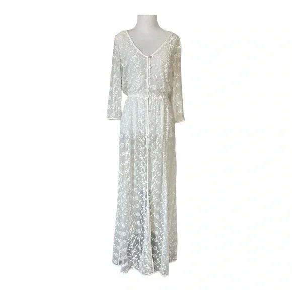 White Lacy Embroidered Maxi Dress Festival Summer Boho Kimono Medium - Picture 4 of 11
